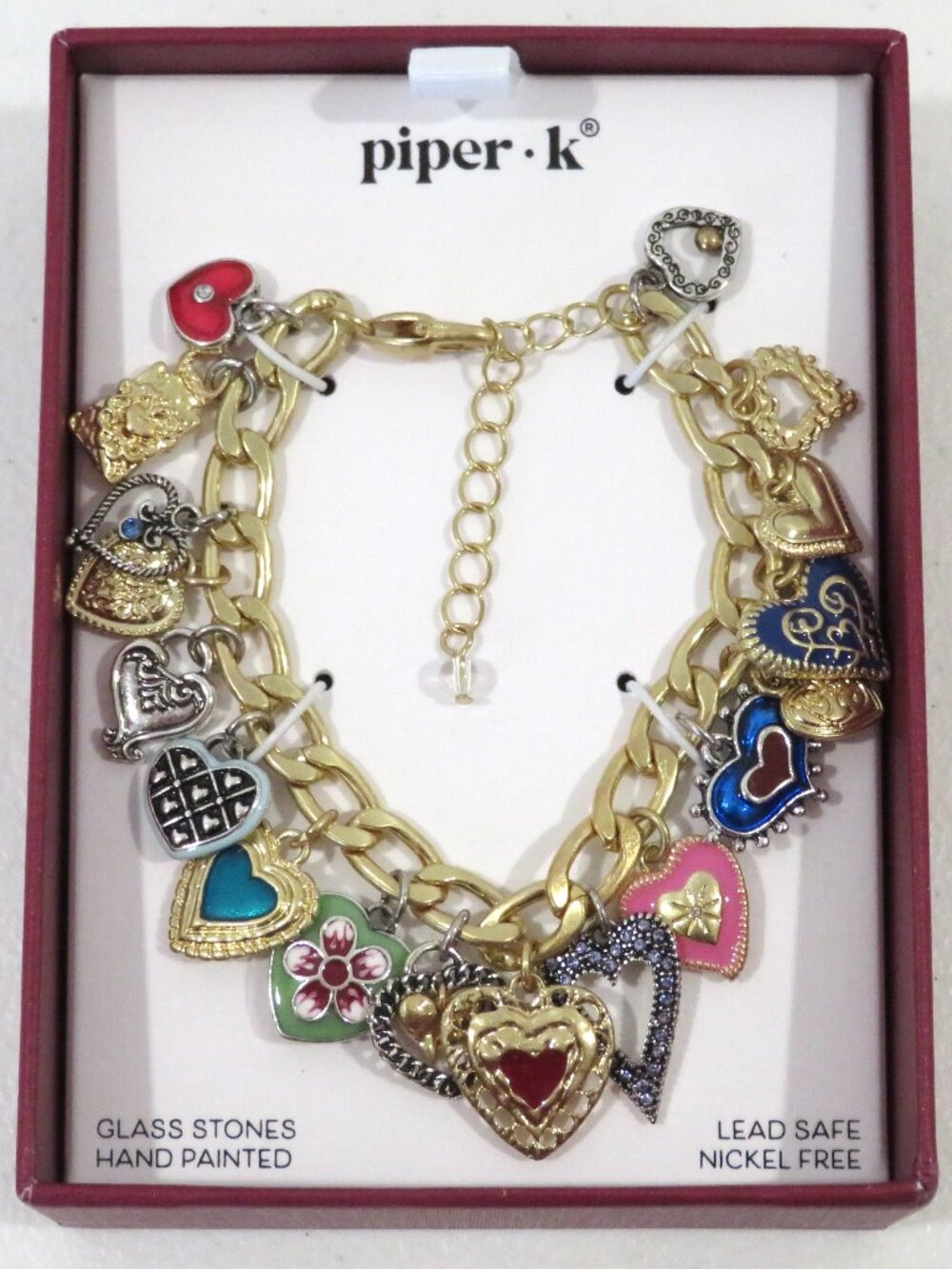 Piper K Heart Charm Bracelet Glass Stones Hand Painted Gold Tone NIB